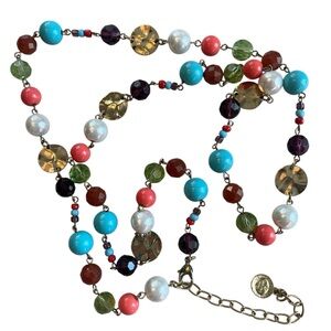 GRAZINO stamped charm - lobster claw - colorful beads & gold discs 38" necklace